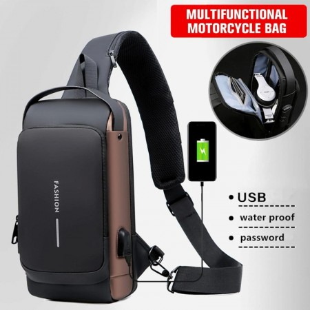 Brown Anti-theft Water Proof Shoulder bag With USB Charging Port