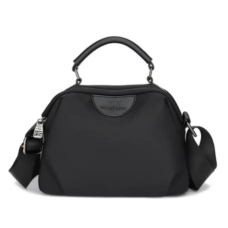 New Portable Nylon Cloth with Cowhide Shoulder Bag(Black)